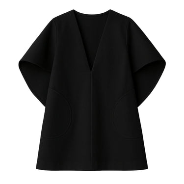 Black cape sleeve mini dress on a white background